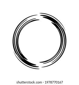 Round grunge frame isolated on white background. Black circle ink border. Vector illustration.
