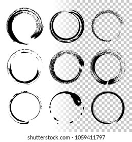 Round grunge frames isolated on transparent background. Vector design element set.