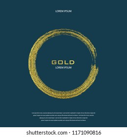 Round Grunge Golden Frame. Circle luxury vintage border, stamp.Trendy, label, logo design element. Drawn shape vector Illustration. Gold Brush abstract wave.