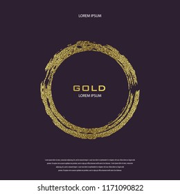 Round Grunge Golden Frame. Circle luxury vintage border, stamp.Trendy, label, logo design element. Drawn shape vector Illustration. Gold Brush abstract wave.