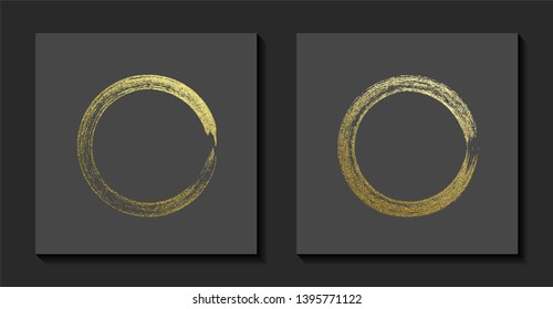 Round Grunge Golden Frame On A Gray Background. Circle Luxury Vintage Border, Label, Logo Design Element. Hand Drawn Shape Vector Illustration. Gold Brush Abstract Wave