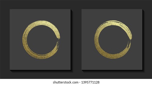 Round grunge golden frame on a gray background. Circle luxury vintage border, Label, logo design element. Hand drawn shape vector Illustration. Gold Brush abstract wave