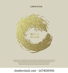Round Grunge Golden Frame on beige background. Circle luxury vintage border, stamp.Trendy, label, logo design element. Drawn shape vector Illustration. Gold Brush abstract wave.