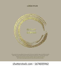 Round Grunge Golden Frame on beige background. Circle luxury vintage border, stamp.Trendy, label, logo design element. Drawn shape vector Illustration. Gold Brush abstract wave.