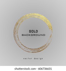 Round Grunge Golden Frame On A Gray Background. Circle Luxury Vintage Border, Label, Logo Design Element. Hand Drawn Shape Vector Illustration. Gold Brush Abstract Wave.