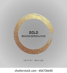 Round Grunge Golden Frame On A Gray Background. Circle Luxury Vintage Border, Label, Logo Design Element. Hand Drawn Shape Vector Illustration. Gold Brush Abstract Wave.
