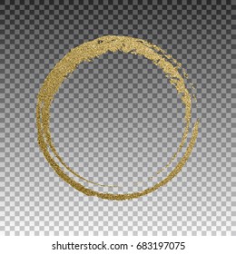 Round grunge golden frame on checkered background. Circle luxury vintage border, Label, logo design element. Hand drawn shape vector Illustration. Gold Brush abstract wave.