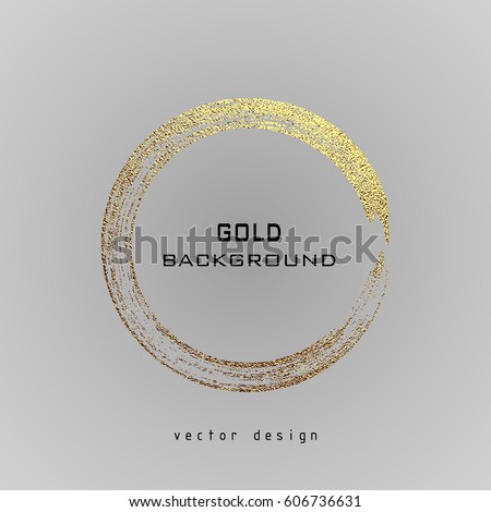 Round grunge golden frame on a gray background. Circle luxury vintage border, Label, logo design element. Hand drawn shape vector Illustration. Gold Brush abstract wave.