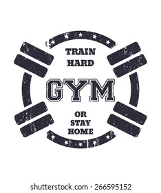 Round grunge gym t-shirt design with barbells, vector illustration, eps10, easy to edit