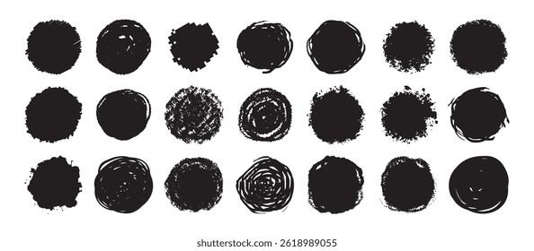 Arremesso grunge redondo e texturizado pincel tinta pinceladas conjunto. isolado vetor preto Coleção. Manchas e bolhas de tinta desenhadas à mão expressivas sujas. Ilustração vetorial
