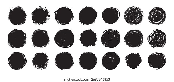 Arremesso grunge redondo e texturizado pincel tinta pinceladas conjunto. isolado vetor preto Coleção. Manchas e bolhas de tinta desenhadas à mão expressivas sujas. Ilustração vetorial