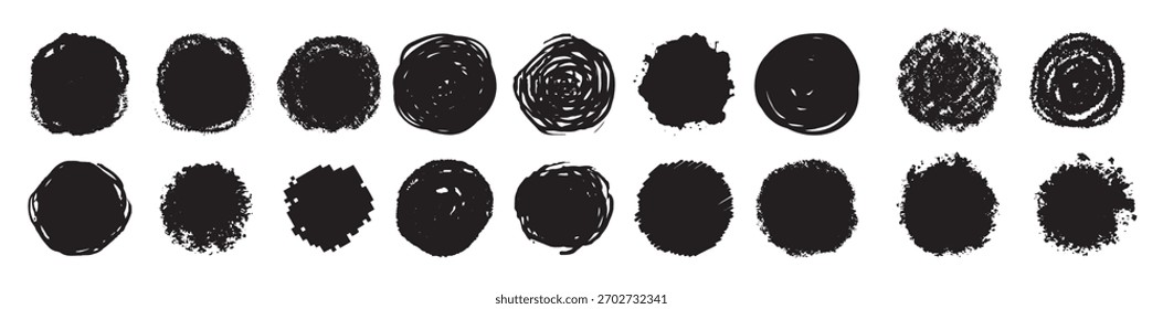 Ronda grunge rasguño texturizado tinta pinceladas conjunto aislado Vector negro colección sucia