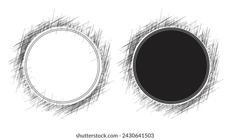 Forma redonda grunge lápiz negro sombreado marco vector gráfico elemento gráfico ilustración de diseño, retro vintage viejo garabato círculo punto símbolo del logotipo, carbón circular fondo imagen conjunto