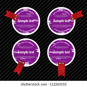 Round grungy vintage vector labels / banners / stickers with worn out paint texture and red ribbon tags, over black striped background, purple