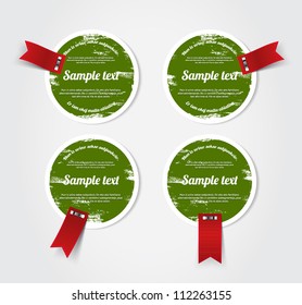 Round grungy vintage vector labels / banners / stickers with worn out paint texture and red ribbon tags, green