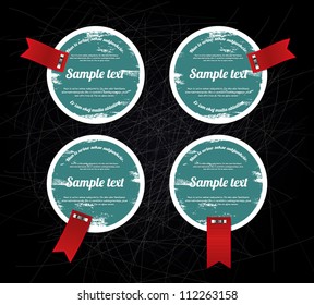 Round grungy vintage vector labels / banners / stickers with worn out paint texture and red ribbon tags, over black scratched background, turquoise