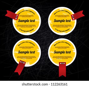 Round grungy vintage vector labels / banners / stickers with worn out paint texture and red ribbon tags over black scratched background, yellow