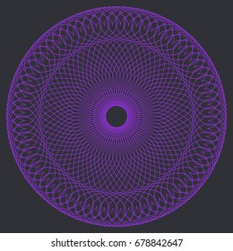 Round Guilloche Pattern for certificate, diploma or voucher design. Vector abstract colored circle frame on dark background