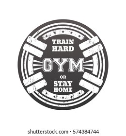 Round gym emblem, logo, badge with barbells over white