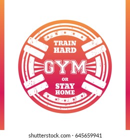 Round gym emblem, logo, badge with two barbells isolated on white, vector illustration