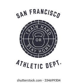 Round gym logo, t-shirt print, with grunge texture over white, vector illustration