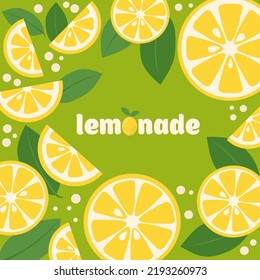 Round and half lemon slices are located around the inscription Lemonade. Green background. Yellow lemons. Lemonade bubbles