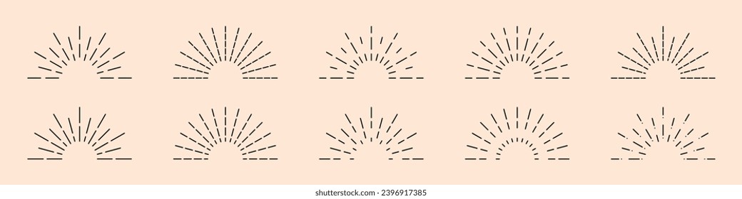 Round half sunburst, line sun rays icon set