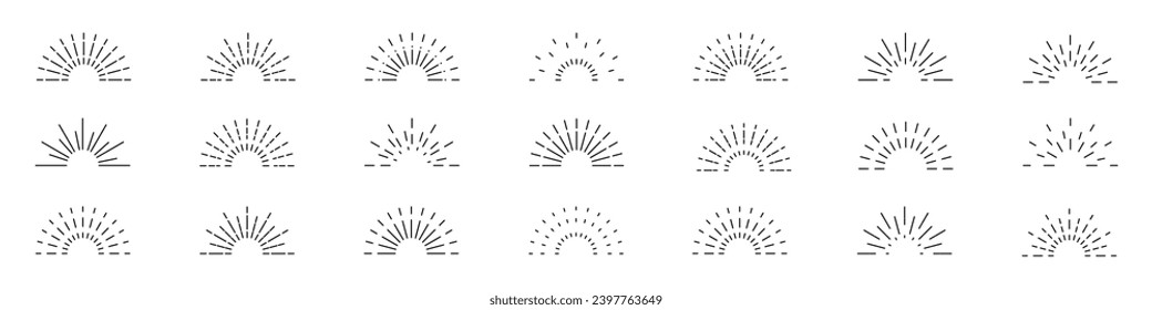 Round half sunburst, line sun rays icon set