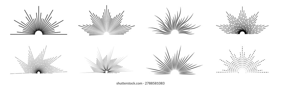 Round half sunburst, line sun rays icons. set of 8 Retro sunburst frames. Starburst with sunrise. 