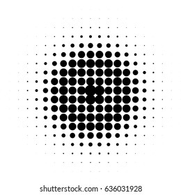 Round halftone dot pattern, element, monochrome abstract graphic for dtp, dpi prepress or generic concepts. Vector modern background for posters, sites, postcards, business cards.