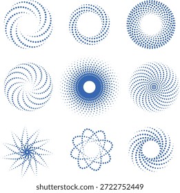 Marco de semitono redondo. Círculo punteado, marcos de semitonos de puntos abstractos vintage y círculos de puntos aleatorios. Ilustración vectorial en espiral.	