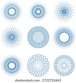 Marco de semitono redondo. Círculo punteado, marcos de semitonos de puntos abstractos vintage y círculos de puntos aleatorios. Ilustración vectorial en espiral.	