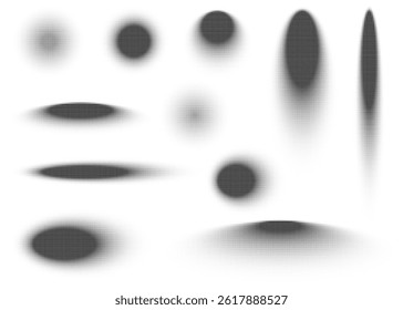 Round halftone shadow set. Black dotted gradient circle collection. Pixel grain elements 