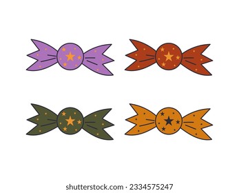 Round Halloween candy in a wrapper. Candies and snacks. Halloween candy set. Trick or treat party. Cartoon candies vector.