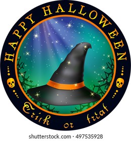 Round Halloween design with hat. Hat is behind the black branches on the starry night sky backdrop.