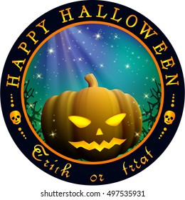 Round Halloween design with pumpkin. Pumpkin looking out for the black branches on the starry night sky backdrop.