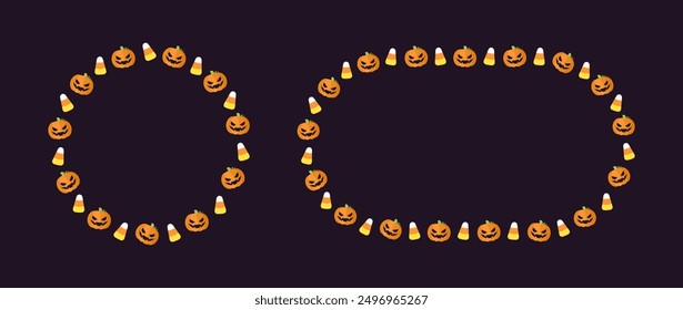 Round Halloween frame border with cartoon jack o lantern, pumpkins, candy corn set. Cute Halloween card template collection. Vector illustrations.