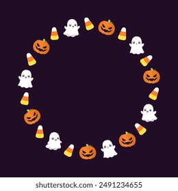 Round Halloween frame border design with cartoon ghost, jack o lantern, pumpkins, candy corn. Cute Halloween card doodles. Vector Halloween illustrations