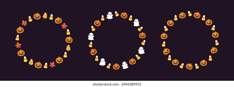 Round Halloween frame border design with cartoon ghost, jack o lantern, pumpkins, candy corn set. Cute Halloween card template collection. Vector illustrations.