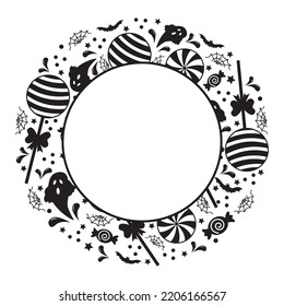 Round Halloween frame with ghosts, cobwebs and sweets, vector illustration