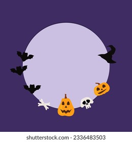 Round halloween frame on blue-violet background. Banner template, with Halloween pumpkins, bats, skull, bones. Vector eps 10 design All Hallows Eve eps 10.