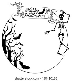 Round Halloween frame with skeleton. Vector clip art.