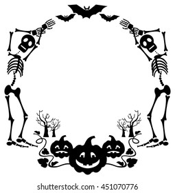 Round Halloween frame with skeleton. Vector clip art.