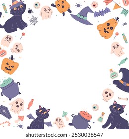 Round halloween frame.Halloween set of items.Halloween poster.Witchcraft, a black cat, a witch hat, a potion and a cauldron.Set of scary items celebrating Halloween.A greeting card.