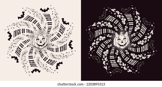 Round halloween illustration with flying apart candy, sweets, halftone shapes, bat, pumpkin stylized as little imp. Holiday swirl mandala with traditional text Trick or Treat.