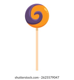Round halloween lollipop showing a swirl pattern, mixing purple and orange colors