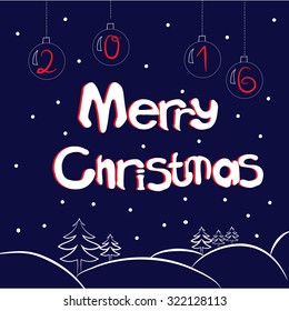 Round hand draw text on blue background with cristmas balls and spruces. Vector illustration