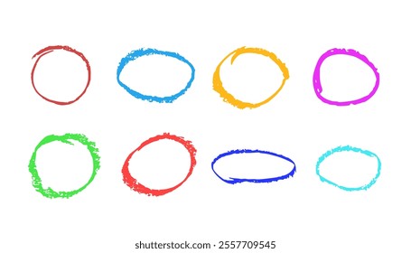 Round hand drawn design elements. Wax crayon circle frames on white background. Vector chalks texture