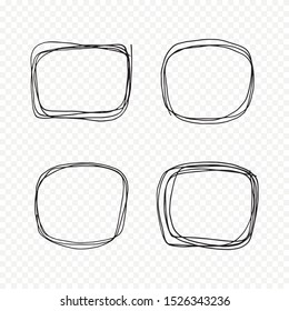 Round hand drawn, doodle sketch vector line set, frame circular shape isolated on transparent background. Outline graphic design