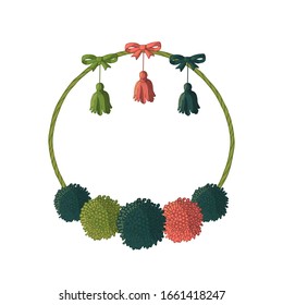 Round hand drawn frame with handdrawn colorful pompoms and tassels. Greeting card template. Vector illustration.